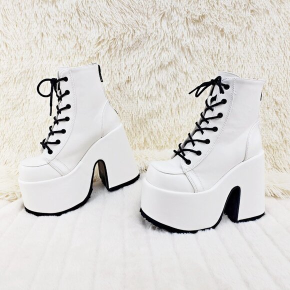 White Matte Chunky Platform Goth Punk Ankle Boots Camel - Picture 14 of 14